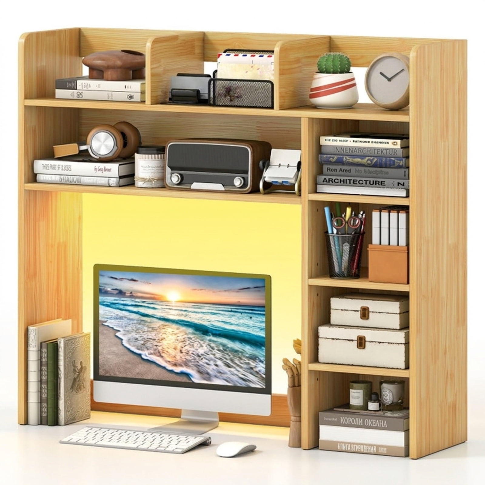 Furnibear Desktop Bookshelf with LED Lights 35.5 Inch Desk Hutch Storage Organizer and Adjustable Shelves for Home Office, Beige