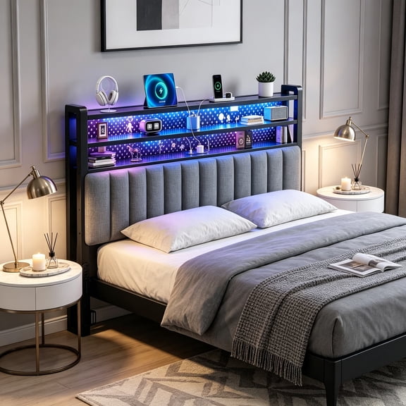Queen LED Headboard with 3 Storage Shelves & Charging Station, Modern Upholstered Headboard with RGB Lights, USB Ports and Power Outlet, Dark Gray