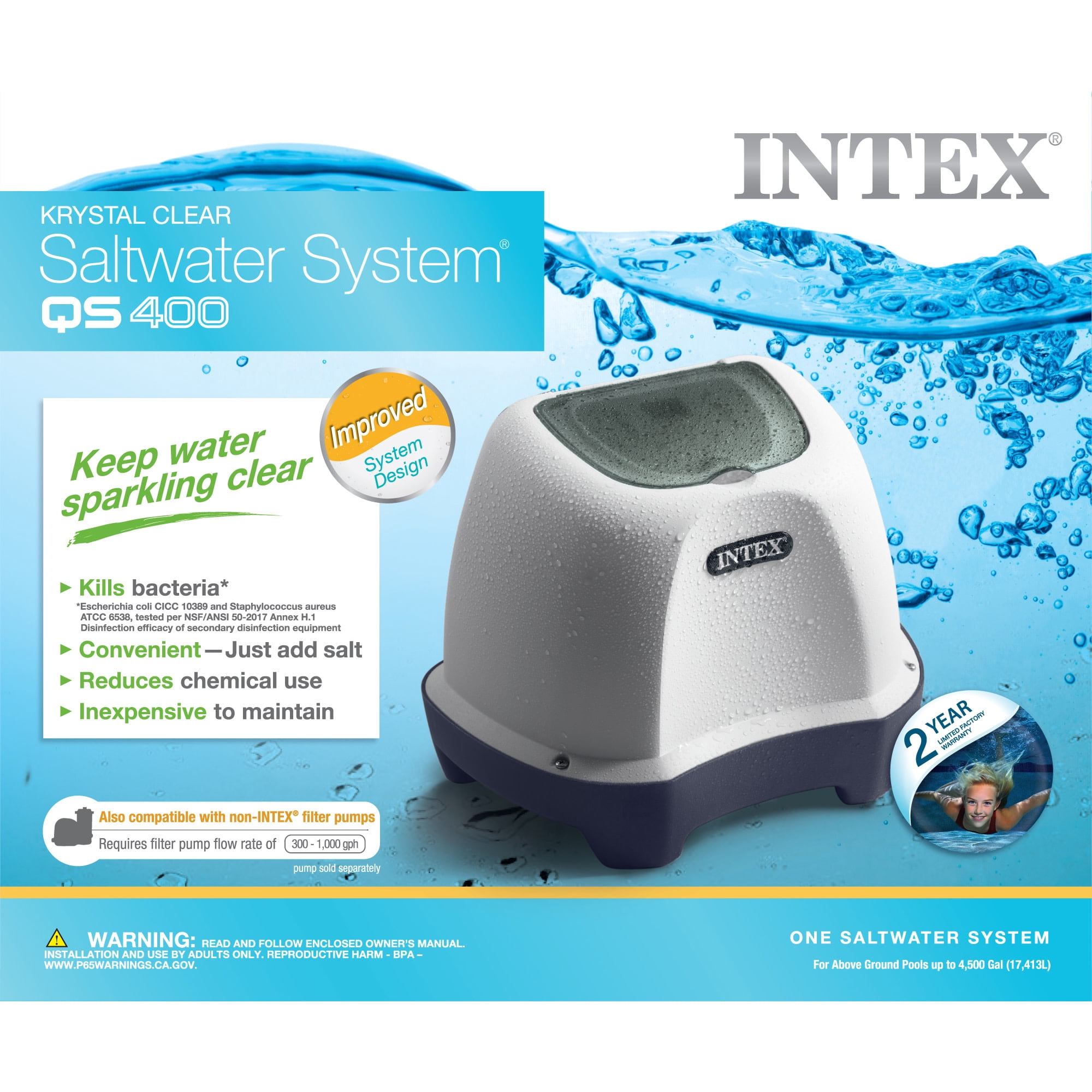 Intex: Krystal Clear: Saltwater Chlorine System - QS400 - Sanitize Up To 4500 Gal Above Ground Pools, Filter Pump Connect, Self-Clean, GFCI, 26663EG