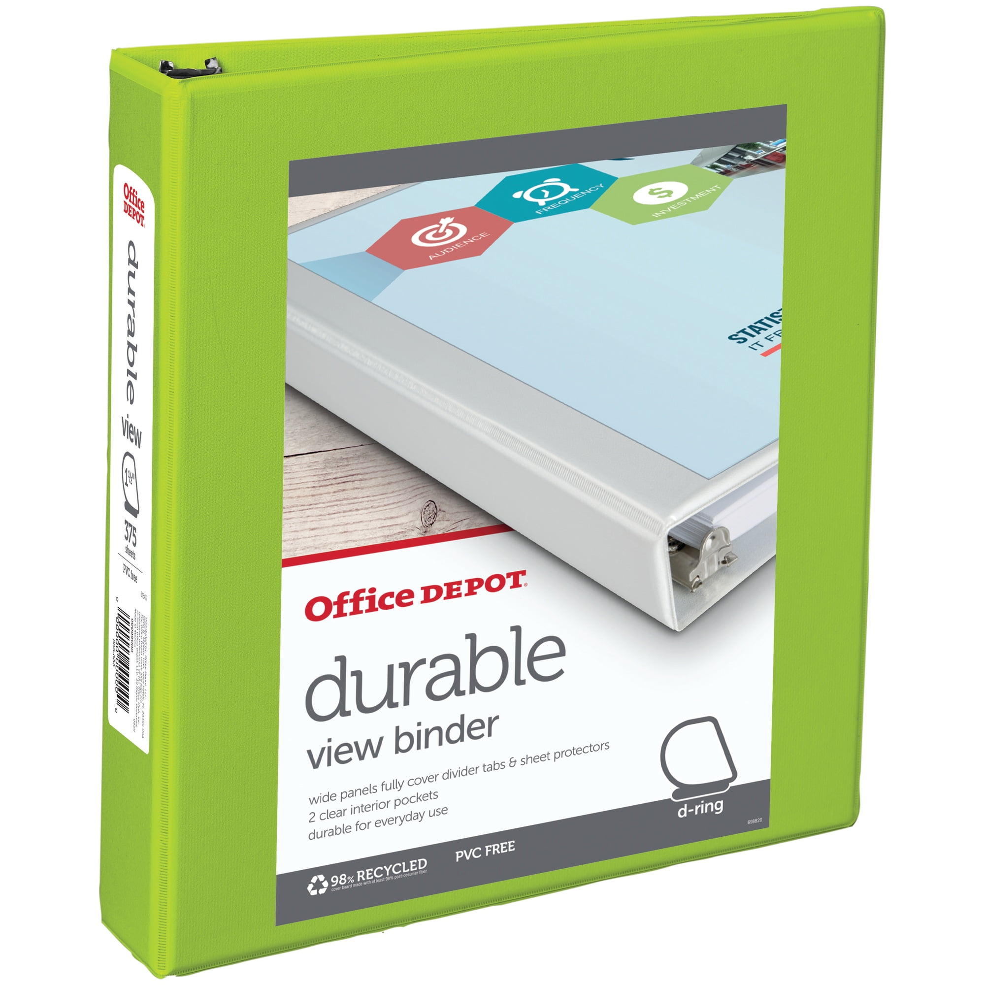 Office Depot® Brand Durable D-Ring View Binder, 1 1/2' Rings, 60% Recycled, Green