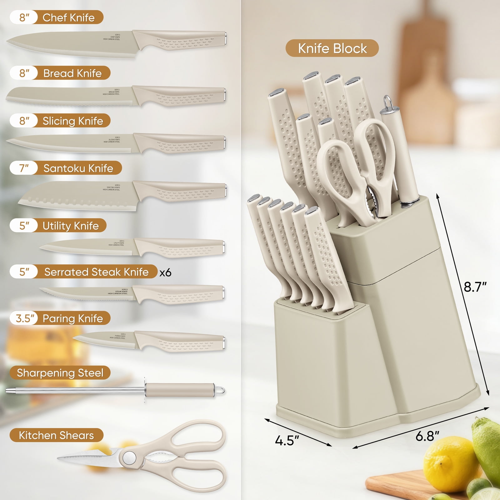 Vesteel Knife Block Set for Kitchen, 15-Piece High Carbon Stainless Steel Knives Set with Ergonomic Handle, Ultra-sharp & Rust Resistant, Khaki