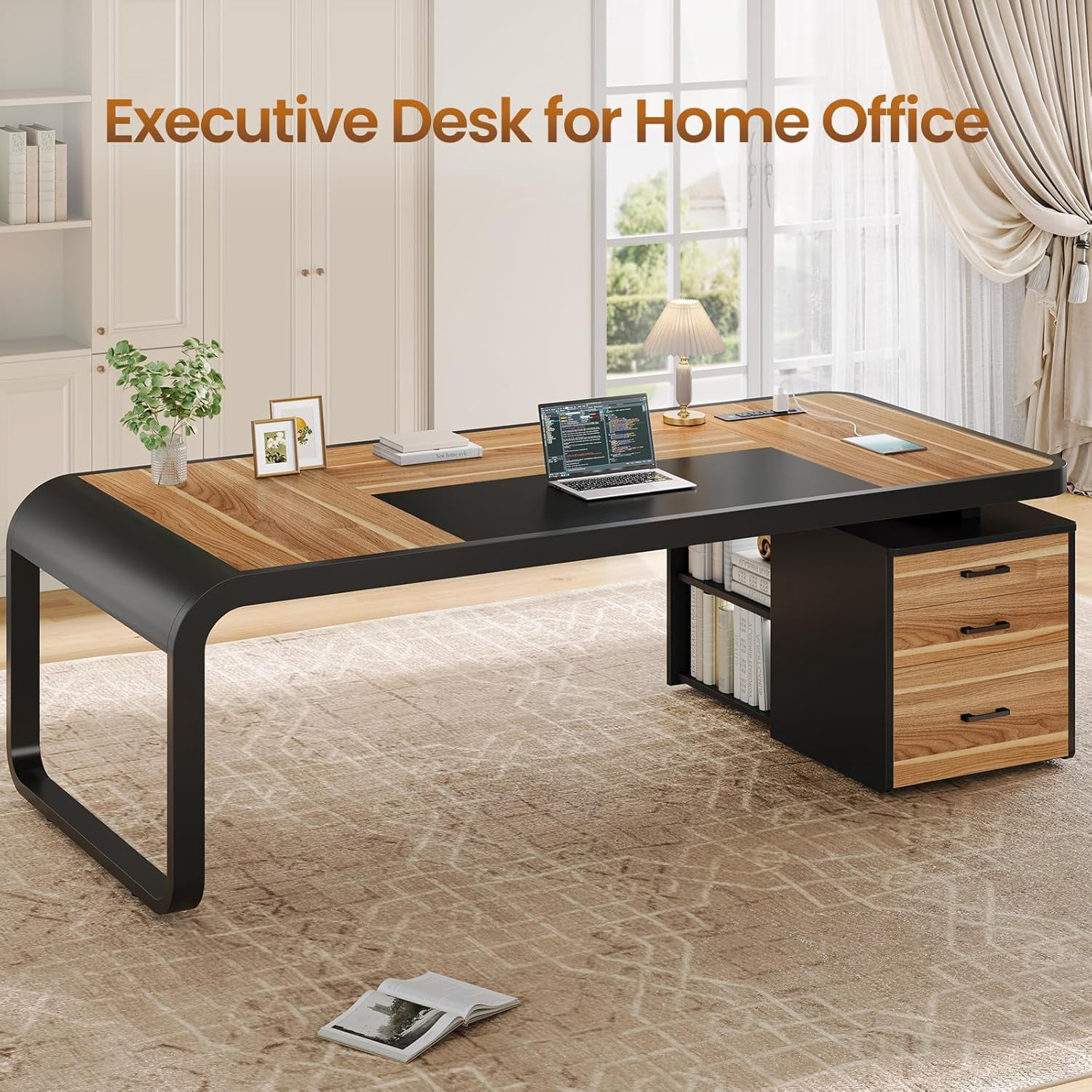 70.9" Executive Desk with Drawers and Power Outlets, Modern Office Desk with Shelf and Large Desktop, Computer Desk Study Table with Storage, Rustic Brown