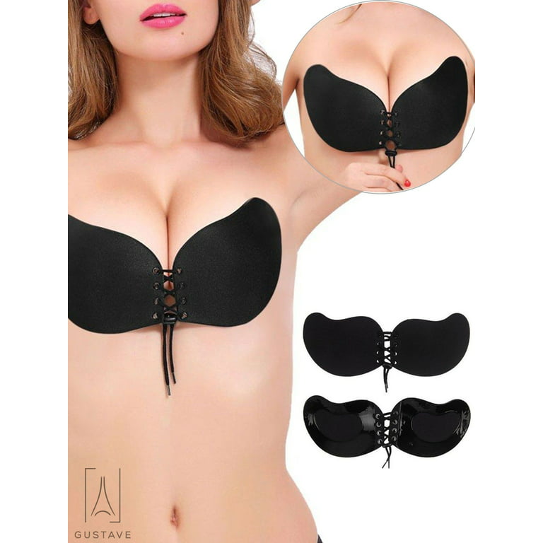 Gustavedesign 2 Pack Women's Strapless Backless Self Adhesive Bra Push Up  Silicone Invisible Bras with Drawstring Suit For Dress Wedding Party C  Cup 
