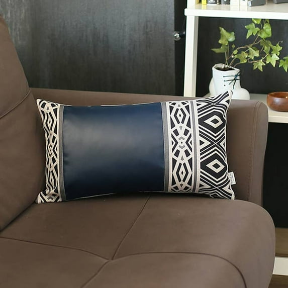 Boho Handcrafted Decorative Single Throw Pillow Cover Vegan Faux Leather Geometric 12" x 20" Navy Blue & Ivory Lumbar for Couch, Bedding