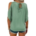thumbnail image 2 of Crew Neck Women Solid Color Casual Cold Shoulder Tops Off Shoulder Summer T-shirt, 2 of 4