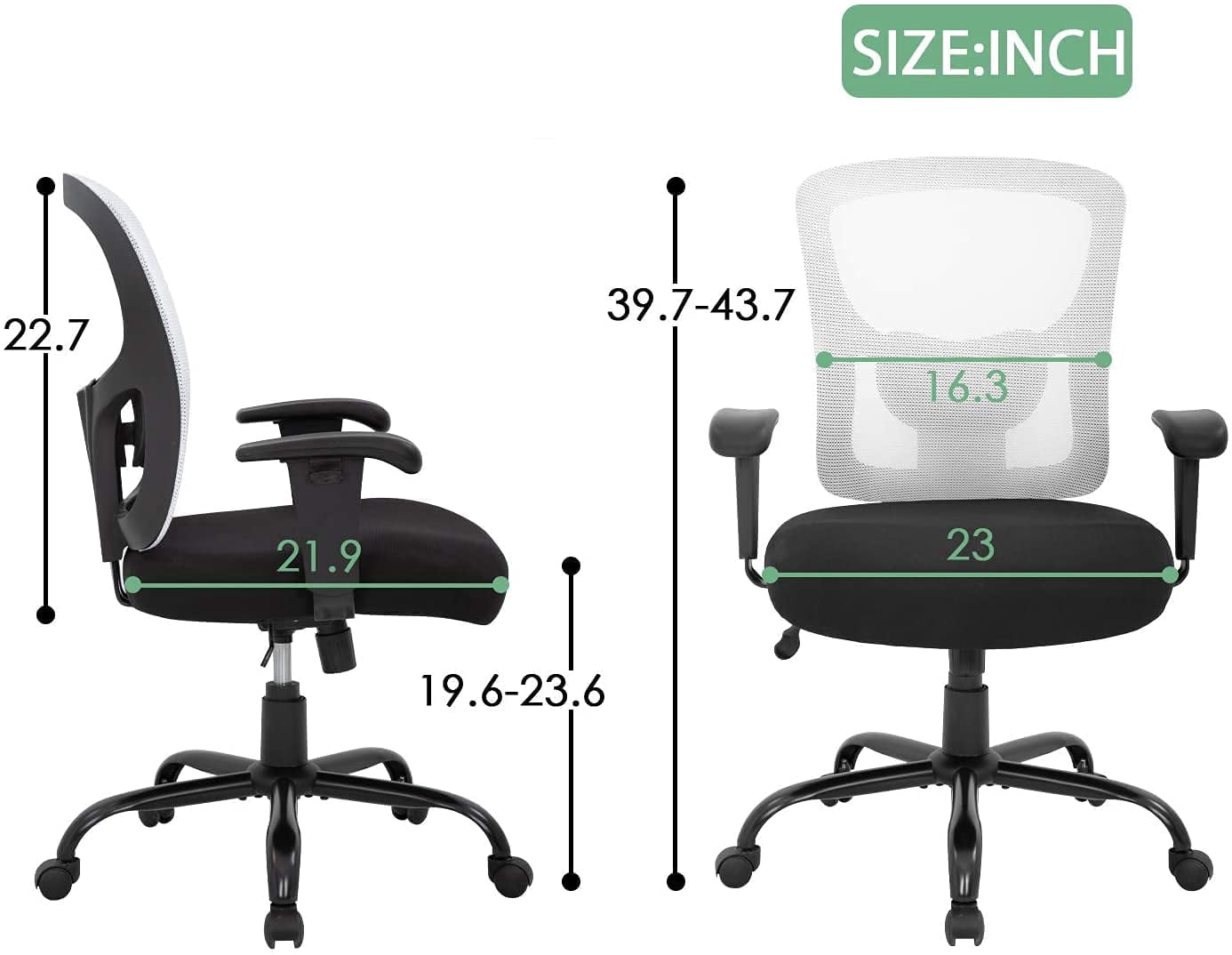Mesh Desk Chairs Big and Tall Office Chair Ergonomic Computer Chair Weight Limit 400 lbs Heavy Duty Task Chair with Wheels and Adjustable Arms & 23 Inch Wide Seat, White