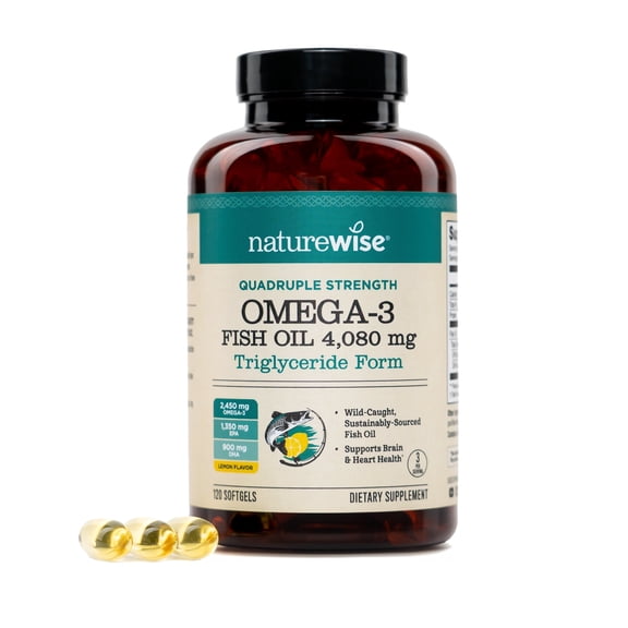 NatureWise Quadruple Strength Omega 3 Fish Oil 4080mg- Natural TG Form   Wild Caught - 2450mg Omega 3   1350mg EPA 900mg DHA - Burpless - Non-GMO & USA Manufactured - 120 Softgels[40 Day Supply]