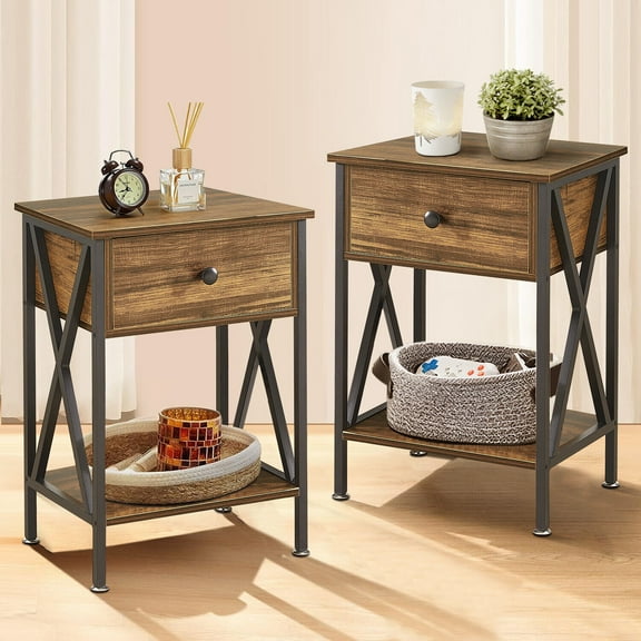 SSyao Set of 2 Nightstand Bedroom Bedside Table Multi Colorful Wood End Tables Drawer, Brown