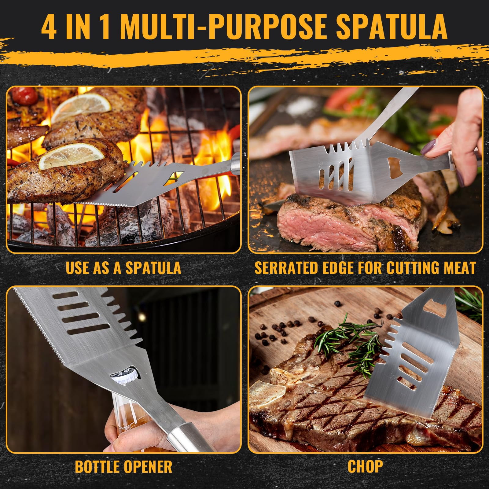 LHRIVER Stainless Steel BBQ Grill Tools Set with Storage Bag, 3 Pieces Include Tong, Spatula, Cleaning Brush