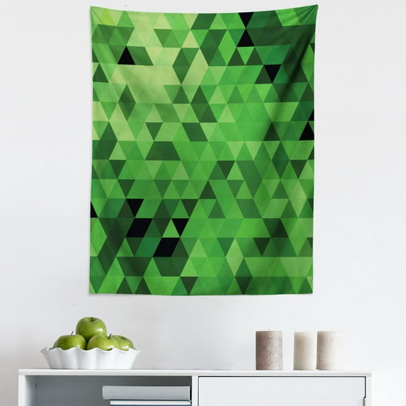 Green Tapestry, Triangles in Green Shades Abstract Modern Mosaic Pattern with Fractal Look, Fabric Wall Hanging Decor for Bedroom Living Room Dorm, 5 Sizes, Dark Green Pale Green, by Ambesonne