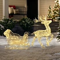 LuxenHome 2-Piece Lighted Reindeer and Sleigh Christmas Yard Decoration, Outdoor Holiday Set with Timer