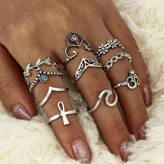 Latrodar 10pcs/Set Women Bohemian Vintage Stack Rings Above Knuckle Blue Rings Set Silver
