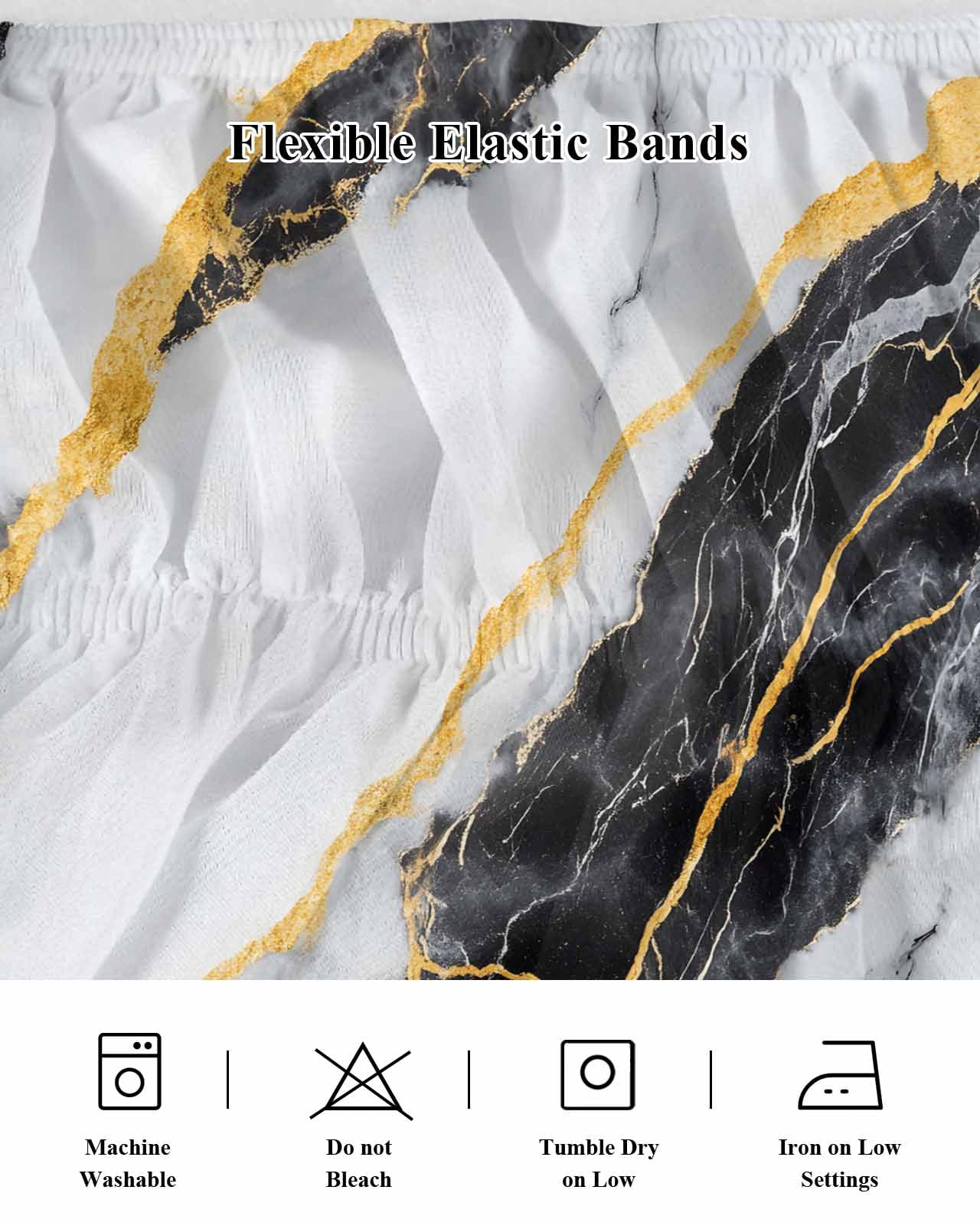 Marble Black Wrap Around Bed Skirts for Queen Bed 16" Drop,Bed Skirt with Adjustable Elastic Belt Dust Ruffle Bed Valance for Bedroom Hotel Gold Foil Ceramic Style Cracks Scratches Bed Frame Cover