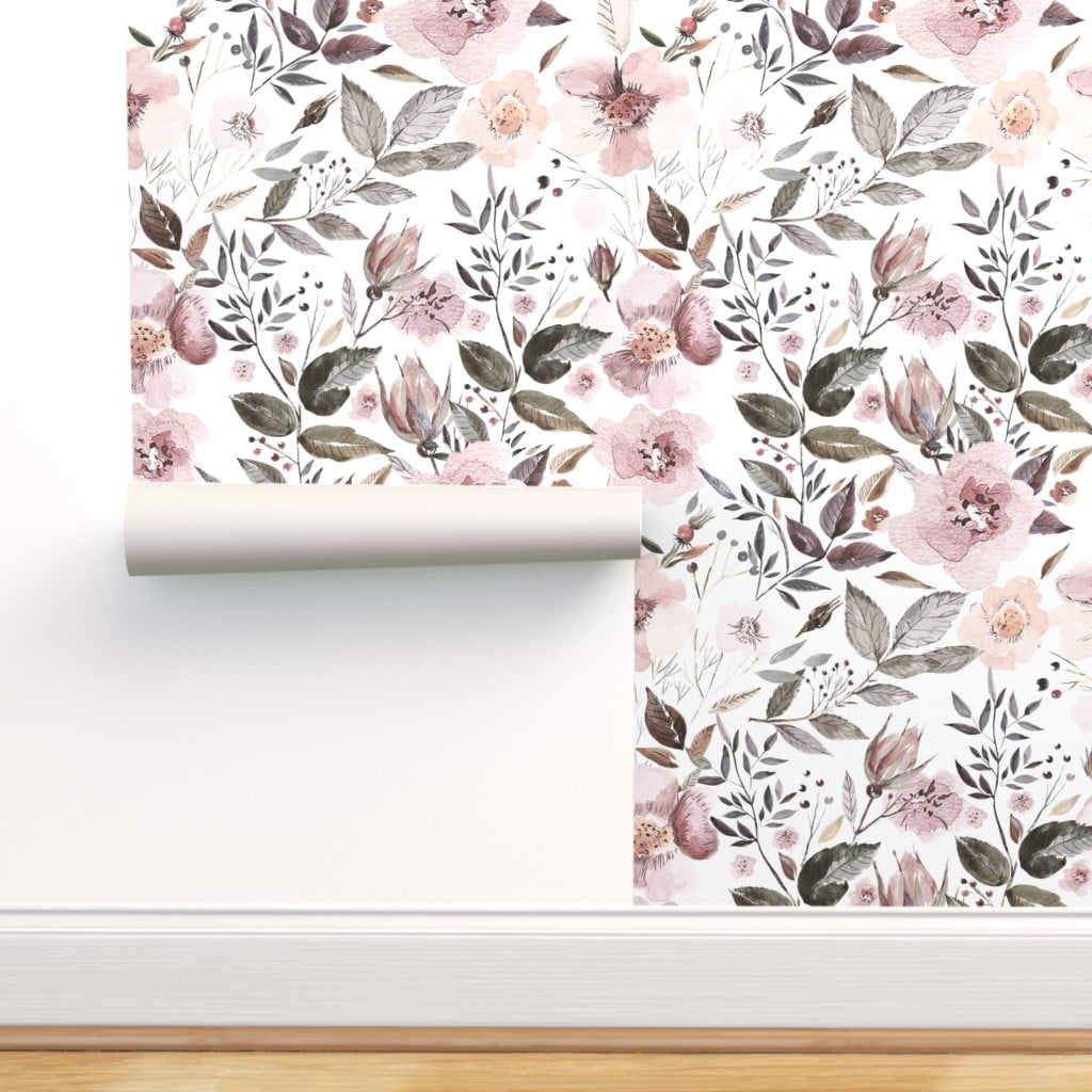 Removable Water-Activated Wallpaper Watercolor Floral Flowers And Feathers 