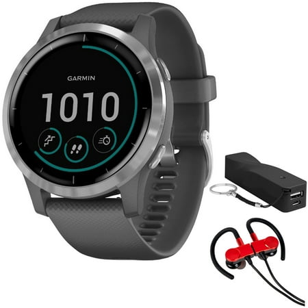Garmin 010-02174-01 Vivoactive 4 Smartwatch, Shadow Gray/Stainless Bundle with Deco Gear Magnetic Wireless Sport Earbuds, Red with Carrying Case and Voltix 2600mAh Portable Power Bank