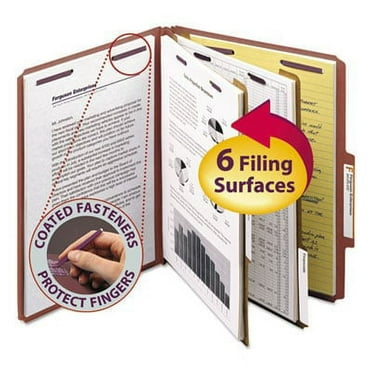 Smead 14075 Pressboard Classification Folders, Self Tab, Letter, Six-Section, Red, 10/Box