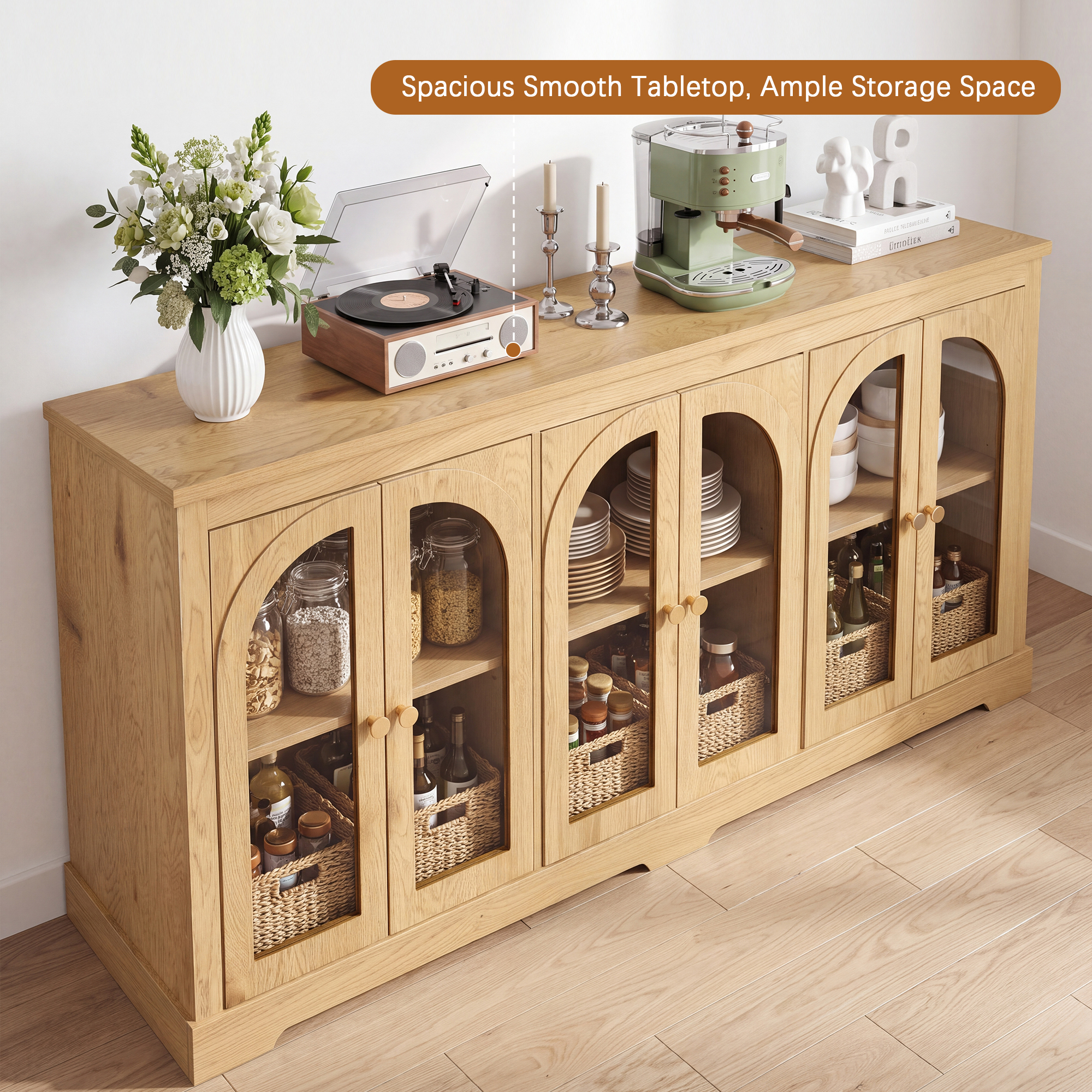 HOQBN 68" Modern Arched Glass Sideboard with 6 Doors, Buffet Cabinet with Storage and Adjustable Shelves, Large Credenza for Living Room,Kitchen,Entryway,Natural