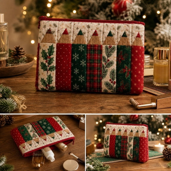 Christmas Quilted Patchwork Cosmetic Pouch, Holly Snowflake Plaid Zipper Pencil Case, Storage Bag for Makeup Stationery Travel, Gift 6.69x9.06x0.39in