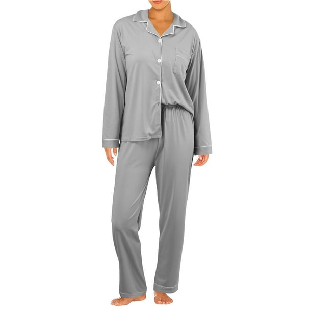 Conjunto de pijama de manga larga de 2 piezas para mujer - Pijama informal y cómodo con pantalones de cintura elástica - Tejido de poliéster suave - Tallas M-XXL