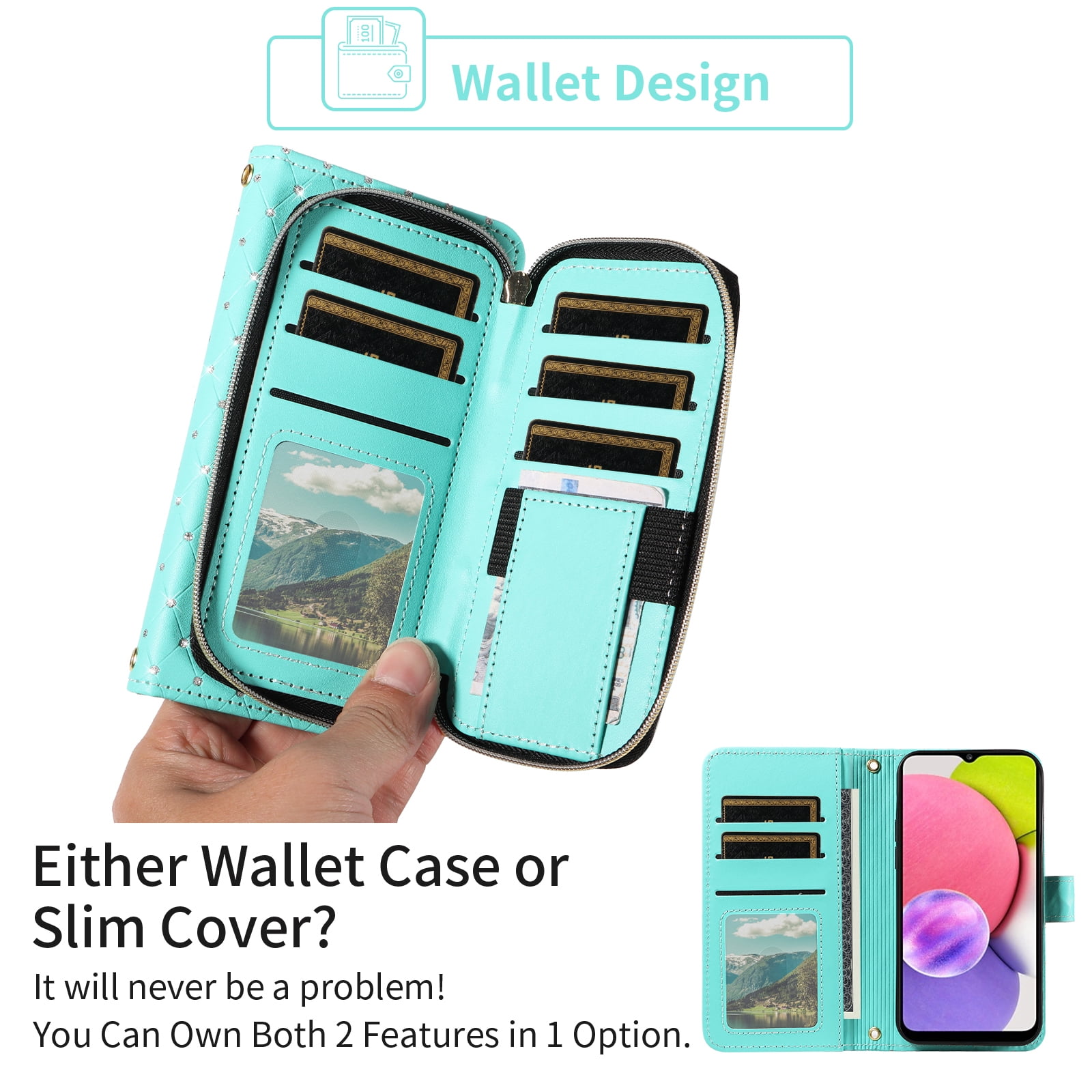 Asuwish Wallet Phone Case for Samsung Galaxy A03s US Version 5G 2022 Tempered Glass Screen Protector Bling Glitter Crossbody Lanyard Strap Flip Zipper Purse Card Holder Cell Cover 03s SM-A037U Green