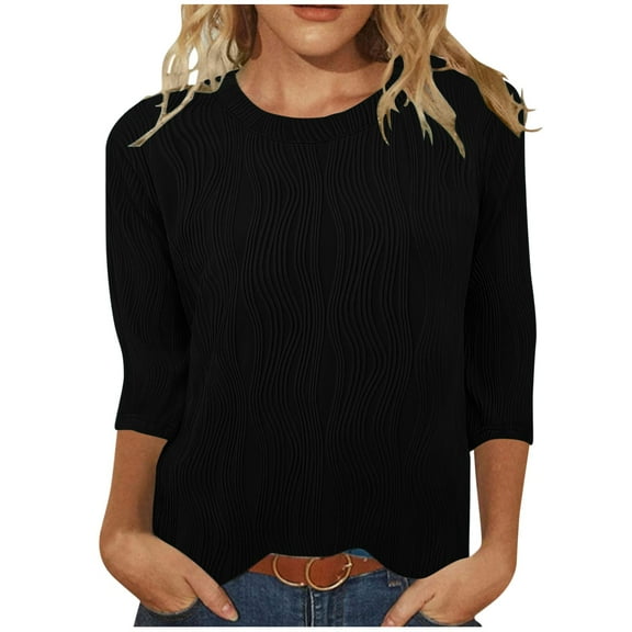 qelini T-shirts for Women with Round Neck School Season Solid Color Short Sleeved Wave Texture Loose Casual Daily Wearing Basic Tops Juniors Summer Comfortable 1Pack Black XL