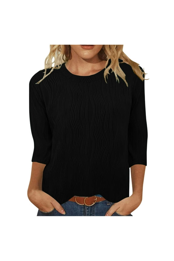 Women Tunic Tops Elbow Length Round Neck Textured T-Shirts Summer Casual Basic Tee