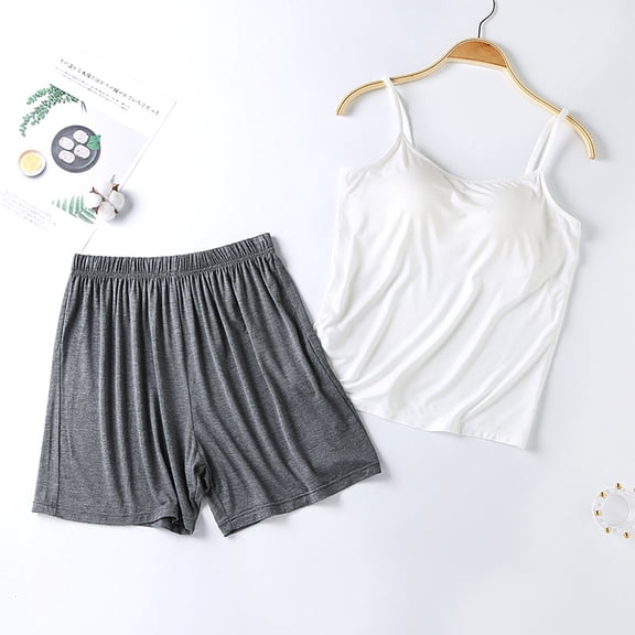 Chbgutlmr Summer Pajama Set for Women Built in Bra Spaghetti Strap Tank Elastic Waist Shorts Casual Fitted Comfy Lounge Sets