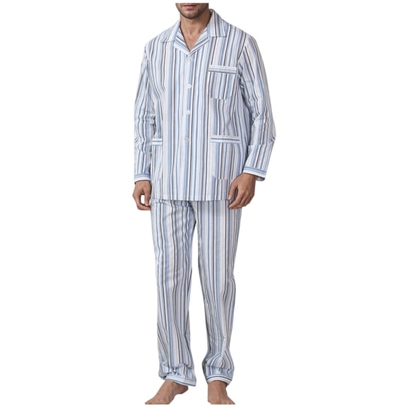 KeShDi Mens Satin Pajamas Set Man Striped Pocket Button Patient Care Gown Long Sleeve Turndown Collar Pajama Sets Light Blue M