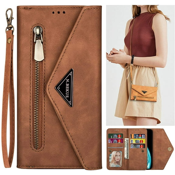 Case for iPhone 12 Detachable Crossbody Lanyard Zipper Wallet Handbag Case with 6 Card Holders,Premium PU Leather Protective Folio Flip Case with Wrist Strap - Marron