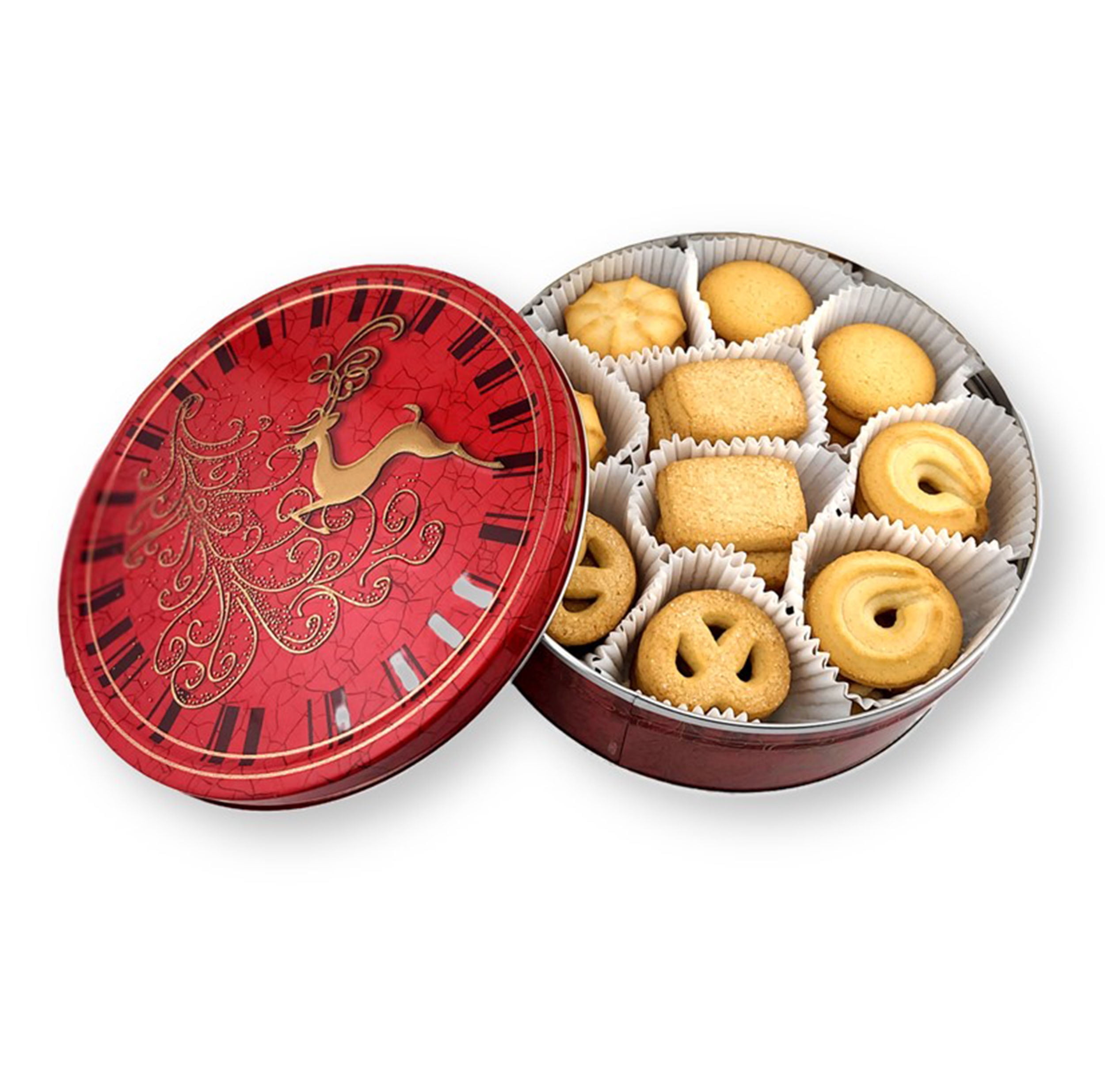 Jacobsens Danish Butter Cookies Reindeer Embossed Gift Tin with Bonus Gift Gold Stainless Steel Tongs 14.1Oz. (400 g.)