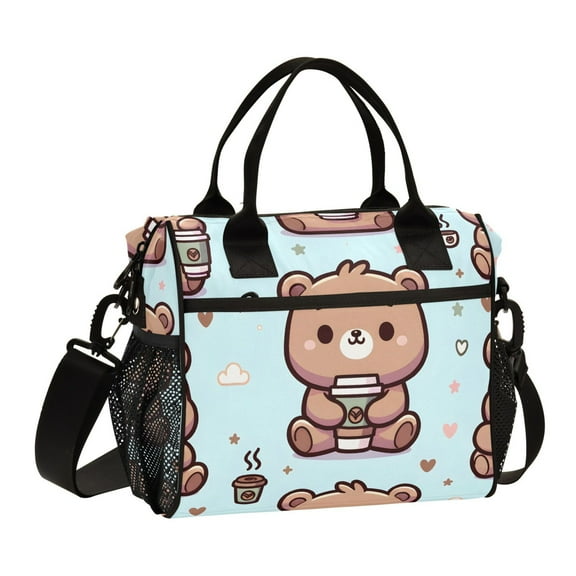 Cute Cartoon Bear with Coffee Cup Lunch Bag Insulated Lunch Box Leakproof Reusable Cooler Tote Adjustable Shoulder Strap for Men Women 9L