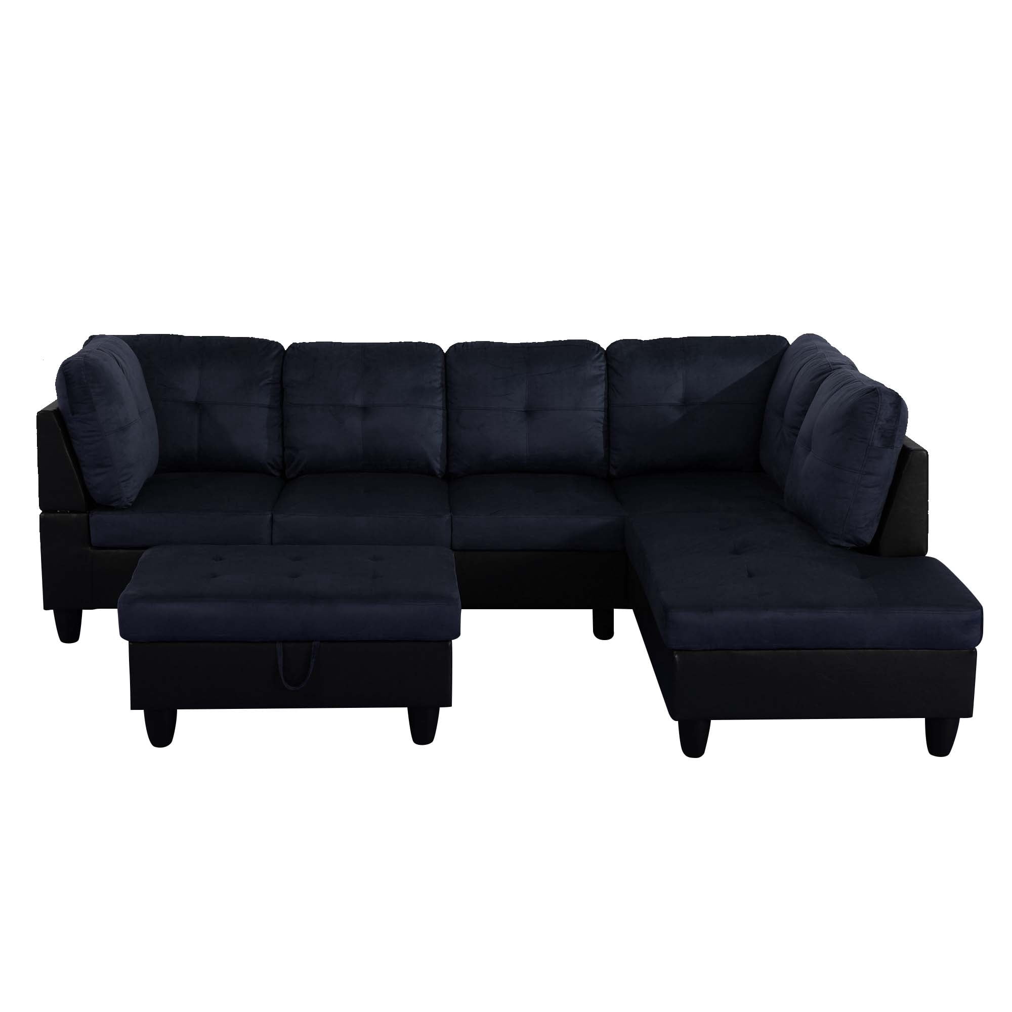 Aukfa Sectional Sofa, 3 Piece Living Room Couch with Storage Ottoman, Right Facing Chaise, Dark Blue