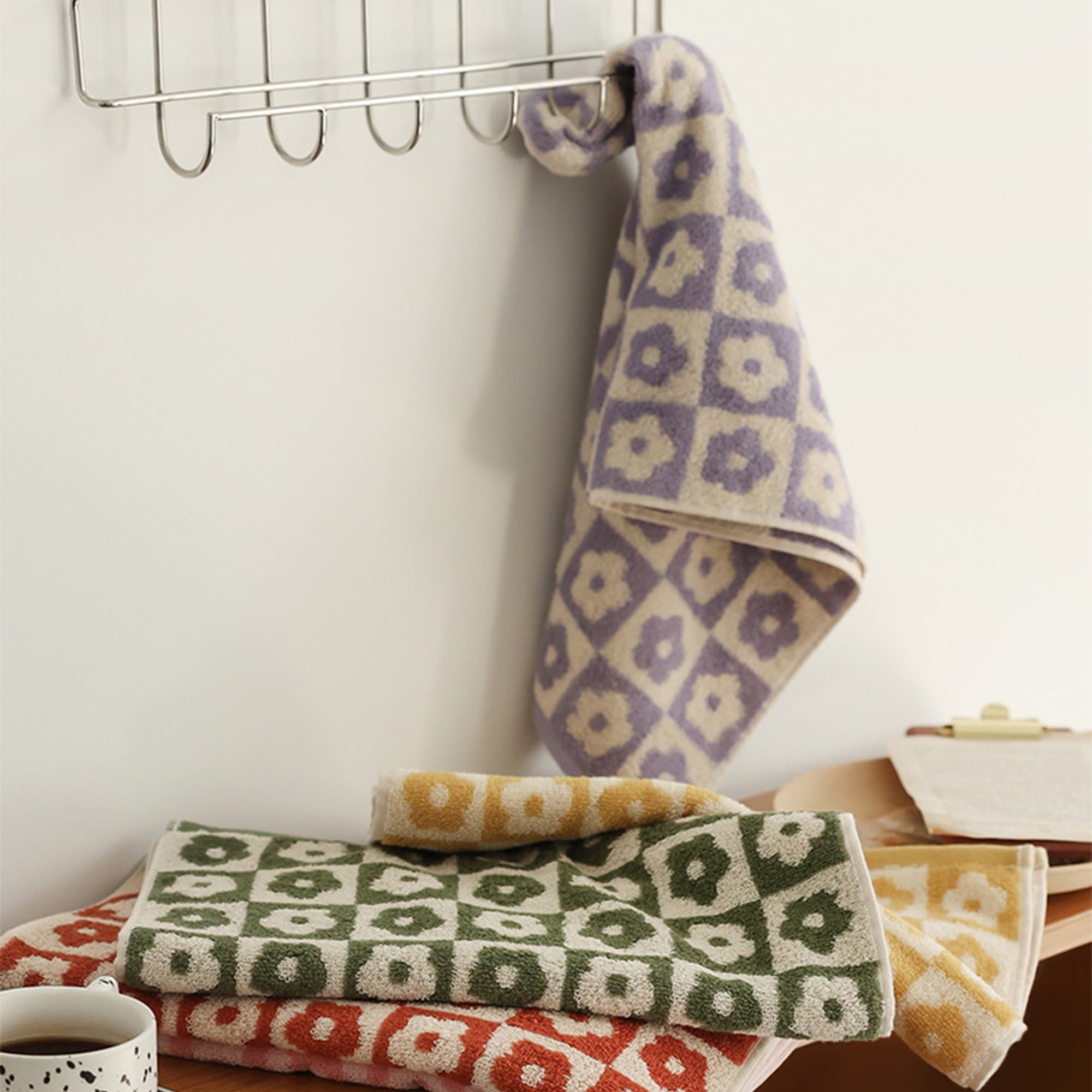 Unique Bargains Checkered Floral Hand Towels Soft Absorbent Bathroom Towel Purple 4-Piece
