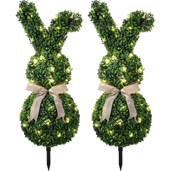 2 Pcs 31.5 Inch Easter Artificial Bunny Shaped Topiary, Trees with Spike, Spring Faux Boxwood Topiary Rabbit Bushes Potted, for Garden Patio Front Porch Indoor Outdoor Decor