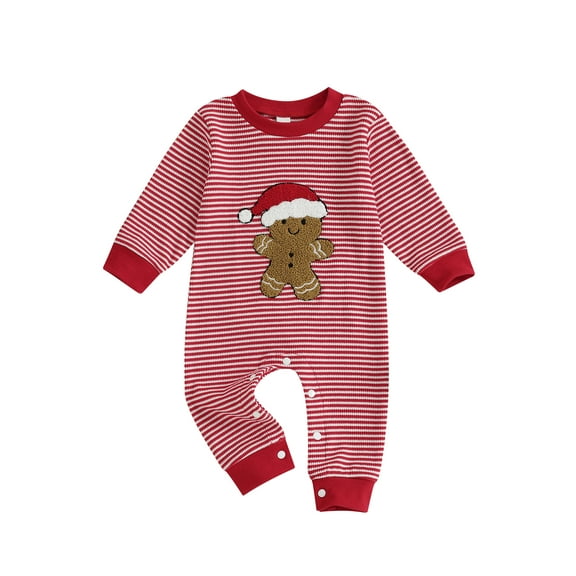 Miaouyo Infant Baby Girls Boys Christmas Fall Romper 0 3 6 12 18 Months Stripe Print Gingerbread Man Embroidery Long Sleeve Round Neck Jumpsuit