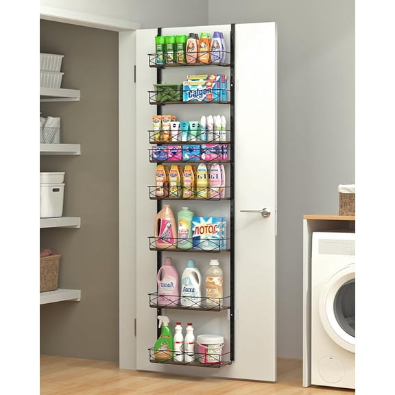 Over The Door Pantry Organizer, 8-Tier Wood & Metal Over The Door Organizer with Adjustable Basket, Hanging Spice Rack, Door Organization and Storage for Kitchen Pantry Door Cabinet, Black
