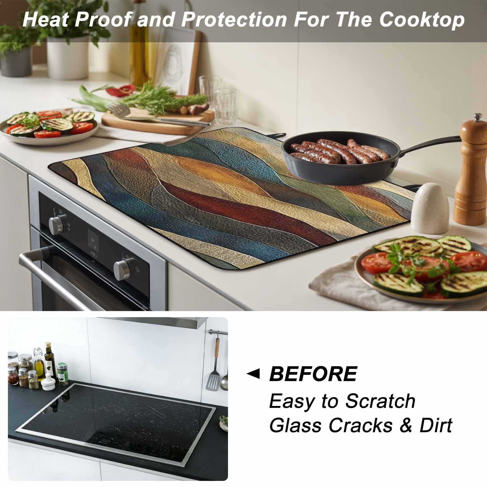 Vintage Green Blue Stove Top Cover for Electric Stove, Heat-proof & Non Slip Glass Top Stove Cover Protector, Farmhouse Retro Art Kitchen Flat Cooktop Rubber Mat 24x21 Inches