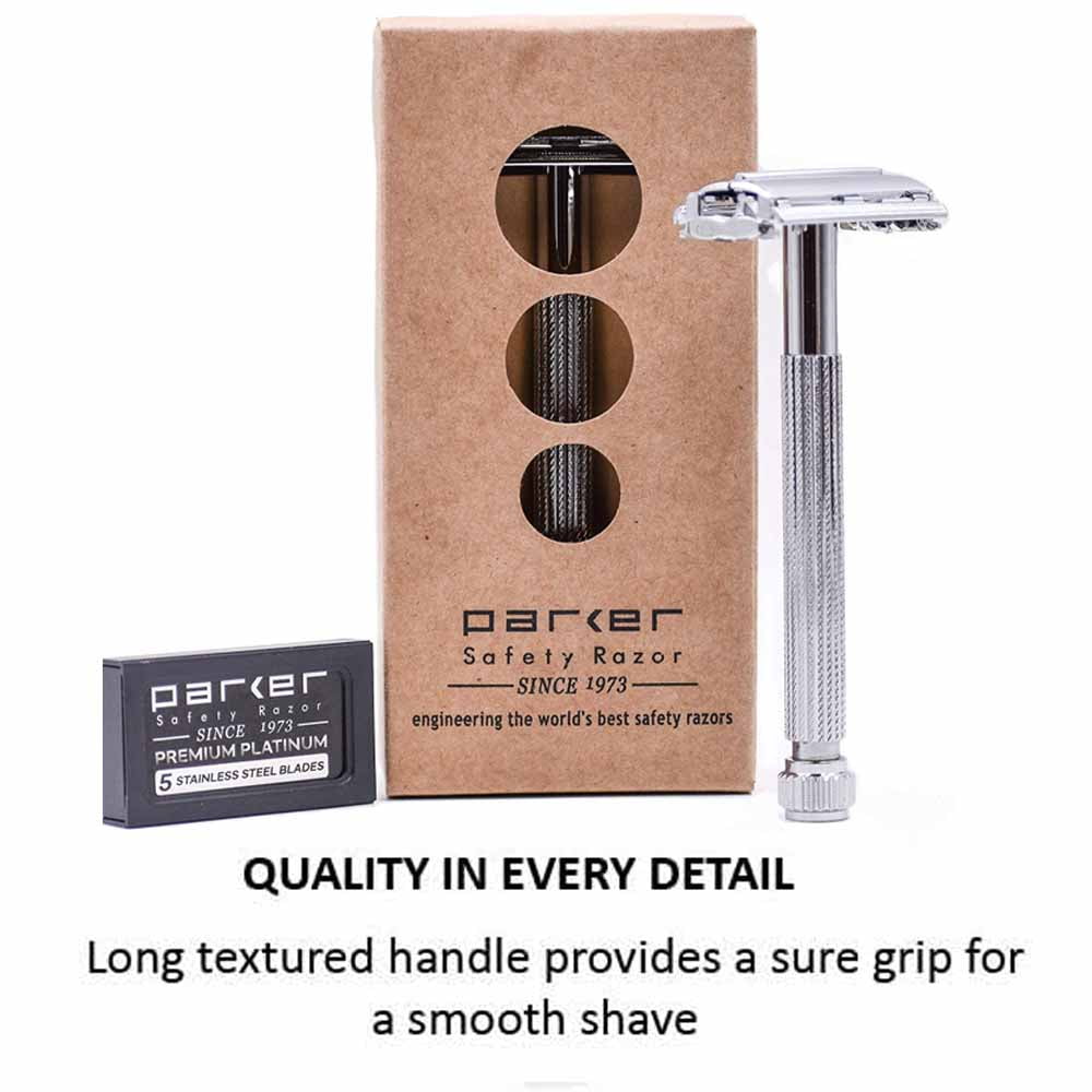 Parker Safety Razor 29L UNISEX Butterfly Open Double Edge Safety Razor & 5 Parker Premium Blades - Chrome