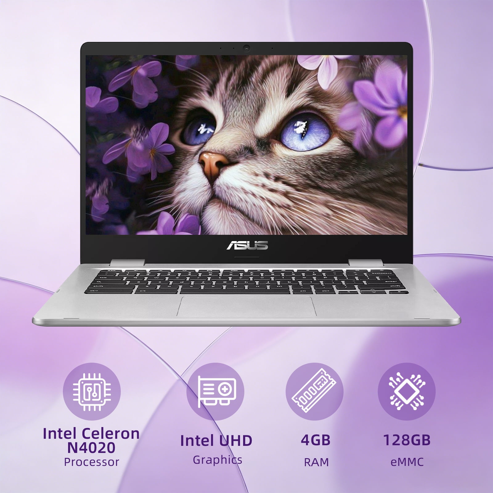 ASUS 14-inch FHD Chromebook, Intel Celeron N4020, 4GB RAM, 128GB eMMC, Anti-Glare Display, 180° Hinge, Chrome OS, Silver