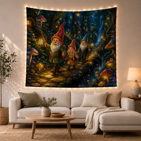 Three Gnomes in Enchanted Forest with Glowing Lanterns, Whimsical Fantasy for Nature Lovers, Fantasy Forest Decor, Housewarming Gift, Tapestry Wall Hanging for Bedroom and Living Room