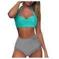 thumbnail image 2 of Women Vintage Swimsuit Two Piece Retro Halter Ruched High Waist Print Bikini Set, 2 of 8