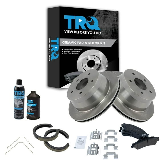 TRQ Rear Ceramic Brake Pad & Rotor with Parking Shoes w/Chemicals BKA16014 Fits select: 1999-2004 CHEVROLET S TRUCK, 1997-2005 CHEVROLET BLAZER