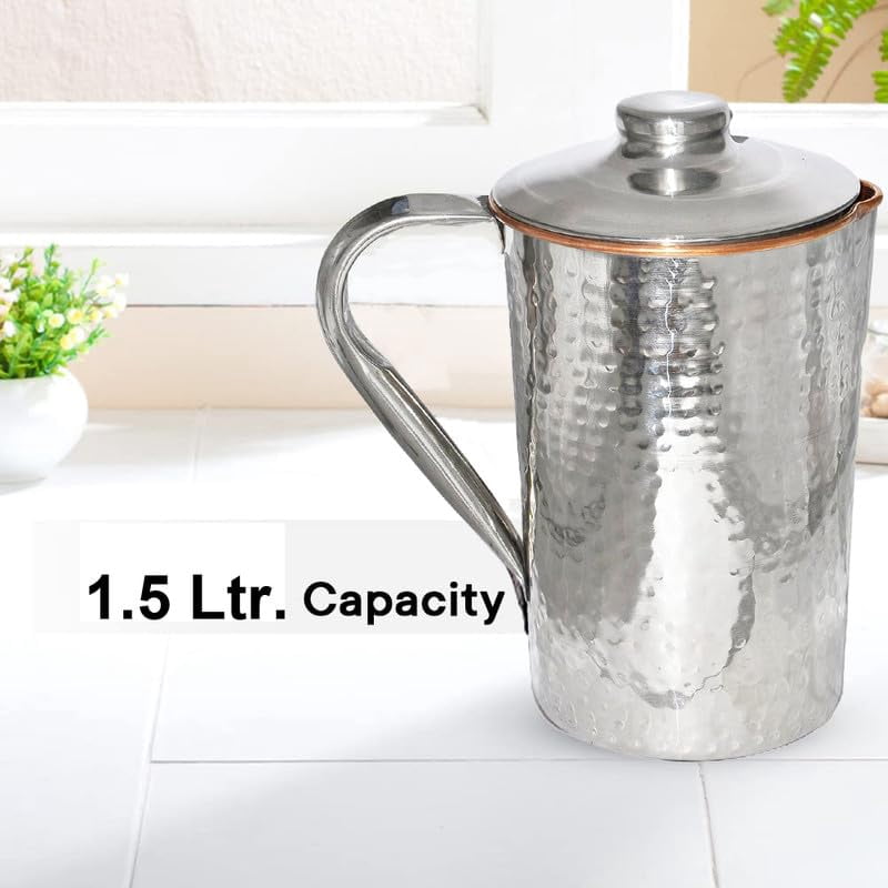 IMTRA FASHION Pure Copper and Stainless Steel Pitcher 50.7 Fl Oz Hammered Water Jug With Lid for Drinking Ayurveda Health Benefits