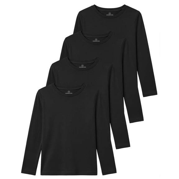 Real Essentials 4 Pack: Girls' Cotton Long Sleeve Crew Neck T-Shirt - Athletic Tee Shirt for Teens Kids Youth (Ages 4-16)