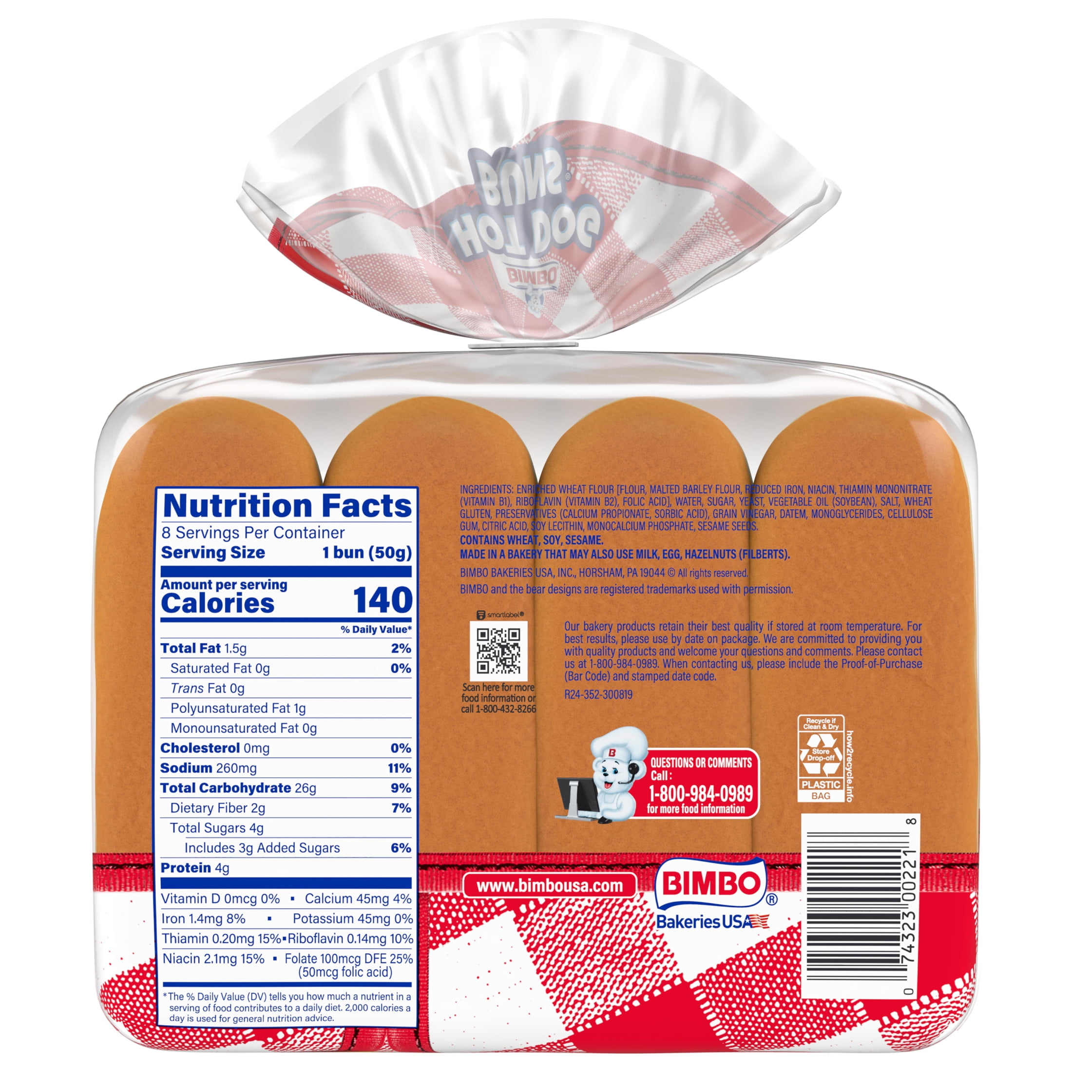 Bimbo White Hot Dog Buns, 8 count, Hot Dog Buns, 14 oz Bag
