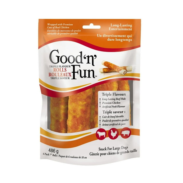 Good 'n' Fun Rouleaux triple saveur 6 compte, Rouleaux de 7 pouces, cuir brut pour chiens