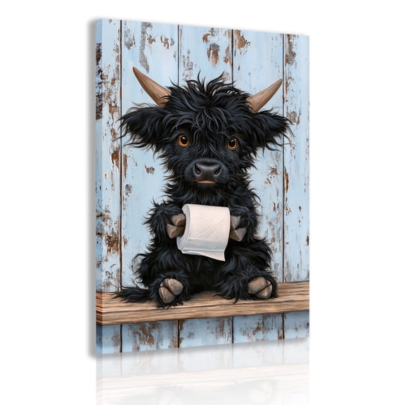 Fun black Highland cow holding toilet paper wall art canvas frame, cute black calf, animal poster, suitable for bathroom, toilet, and country farmhouse home decor.