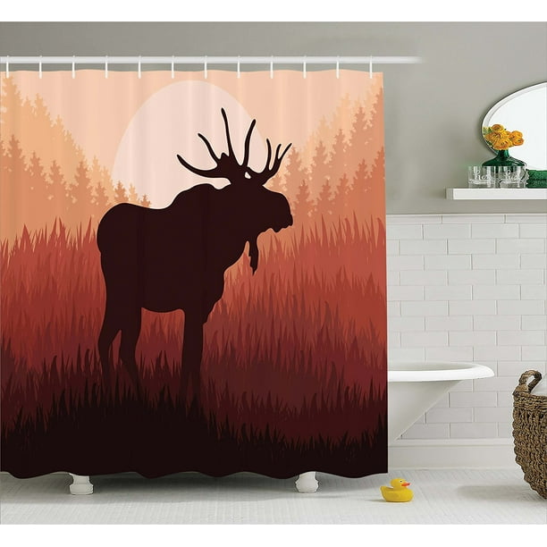 Moose Shower Curtain Set by , Antlers in Wild Alaska Forest Rusty Red