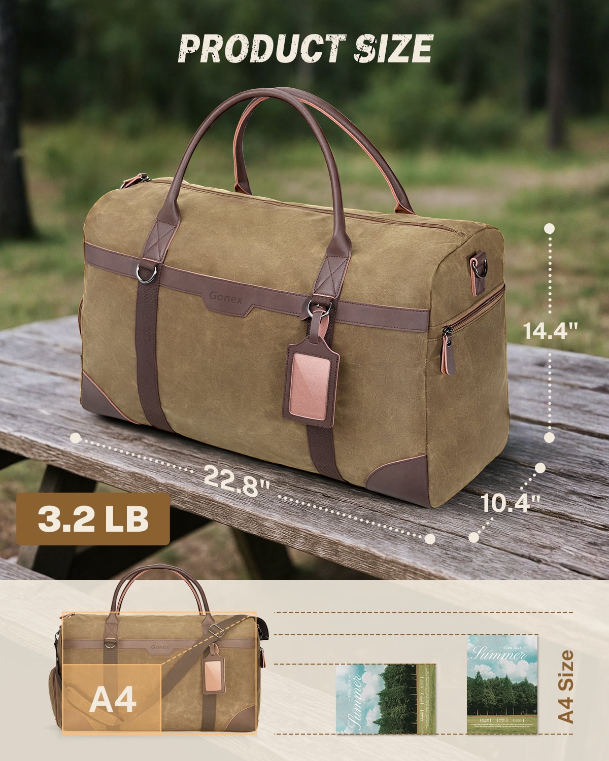 Gonex Waxed Canvas Duffle Bag, 55L Water-Resistant Travel Duffel, Vintage Overnight Weekender Bag with Shoes Compartment for Men & Women