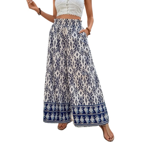 Women's Blue Boho Pattern High Waist Wide Leg Loose Pants for Summer - [ZhiHiMeRi] | (US 12-14)L